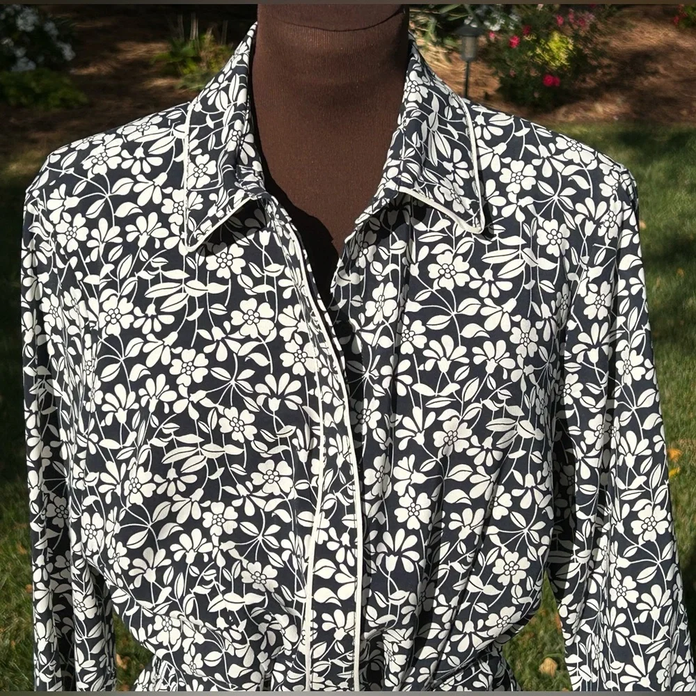 NWOT BROOKS BROS s12 shirtdress-full button down w/belt-blk/crm floral-midi - Picture 4 of 8
